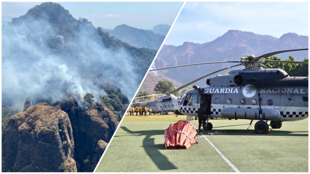 Desde aeronaves, enfriamiento de puntos de calor para combatir incendio forestal en Tepoztlán