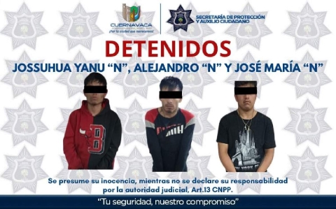 Jossuhua Yanu “N”, de 22 años; Alejandro “N”, de 28 años, y José María “N”, de 20 años, fueron capturados cuando circulaban a bordo de un auto Volkswagen Bora, color blanco.
