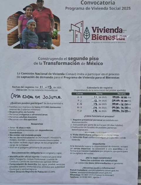 La Conavi emitió la convocatoria para quienes aspiren a una Vivienda del Bienestar en el municipio de Jojutla.