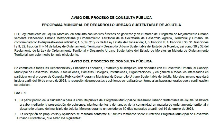 Jojutla convoca a consulta pública sobre programa municipal de desarrollo urbano sustentable