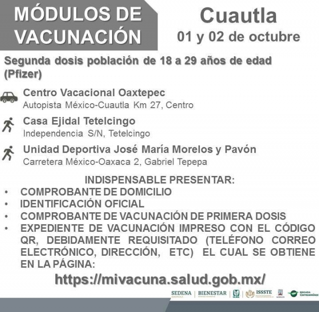 Lista segunda dosis contra Covid 19 en Cuautla para jóvenes de 18 a 29 años