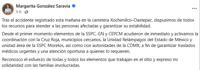 Expresa gobernadora solidaridad con las familias involucradas, tras accidente en Tlalnepantla