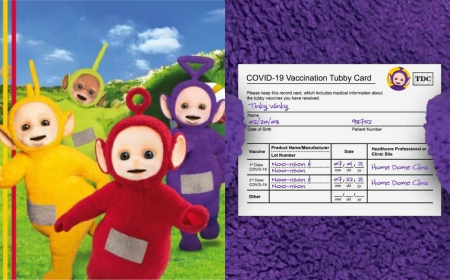 Teletubbies se vacunan contra COVID-19.