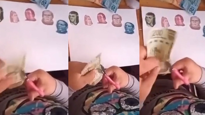 ¡Un 10 muy caro! Niña recorta billetes para ilustrar su tarea