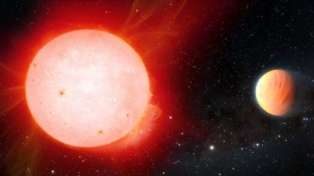 Concepto artístico del planeta gaseoso ultra esponjoso orbitando una estrella enana roja. 