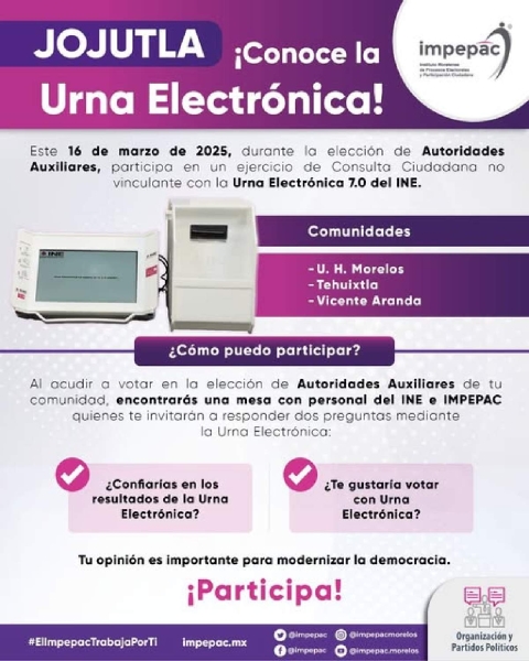El Impepac aprovechará la elección de ayudantes para consultar a la población el nivel de confianza en las urnas electrónicas.  