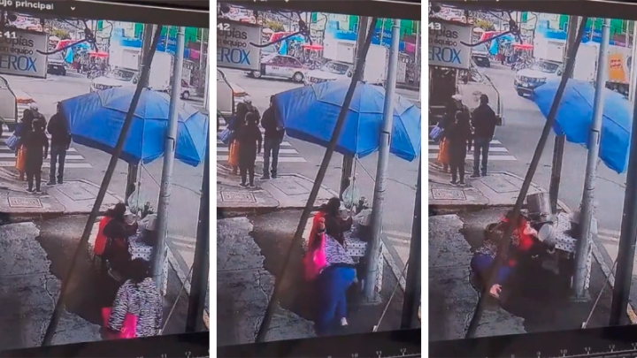 ¡Tragedia! Mujer tropieza y se lleva todo un puesto de tamales en CDMX