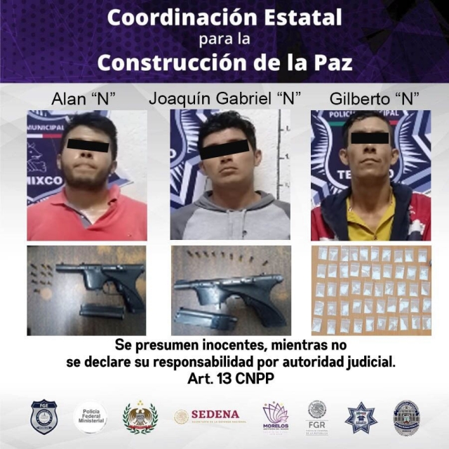 Detienen a tres hombres por presuntos delitos contra la salud, en Temixco