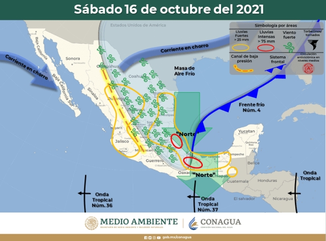 Lluvias fuertes con posibilidad de inundación en México.