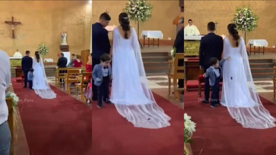 Travesura en boda: Niño utiliza el vestido de la novia como pista de carreras