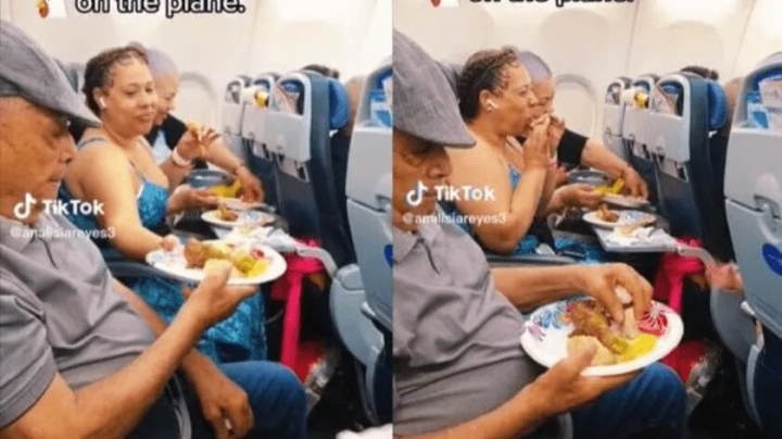 Familia come y reparte platos con pollo frito en pleno vuelo