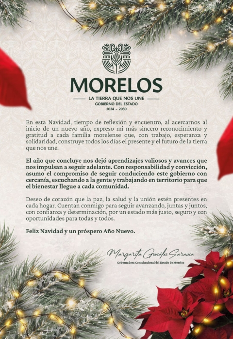 Expresa gobernadora Margarita Gonz&aacute;lez Saravia mensaje de unidad y esperanza en esta Navidad