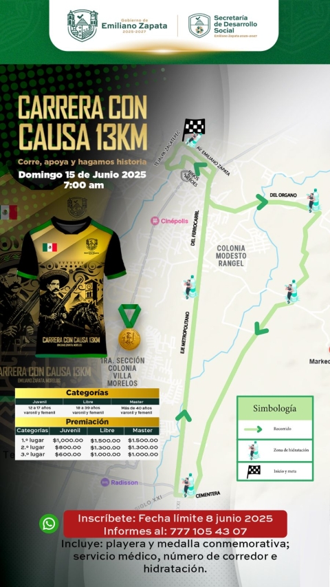 Invita Ayuntamiento de Emiliano Zapata a participar en la &#039;Carrera con Causa 13KM&#039;