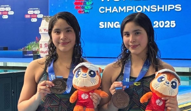 Las gemelas sumaron 294.36 puntos en clavados sincronizados en trampolín de tres metros.