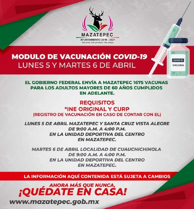 Anuncian vacunación para adultos mayores en Mazatepec