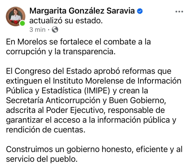 En Morelos se fortalece el combate a la corrupción y la transparencia: gobernadora Margarita González Saravia