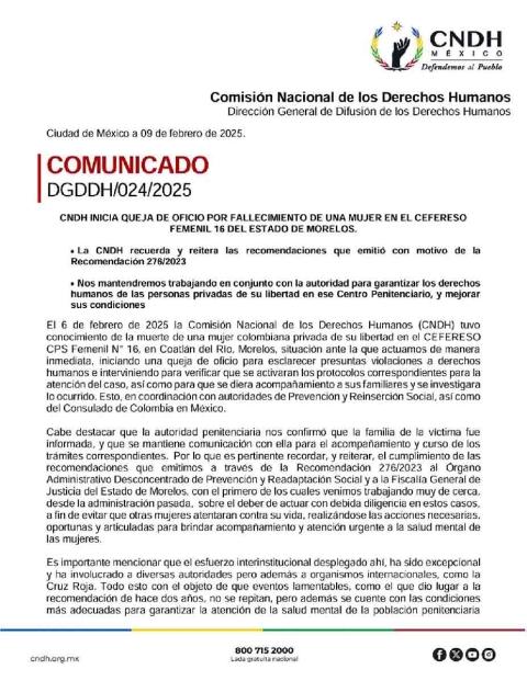 CNDH abre queja por suicidio en penal femenil federal
