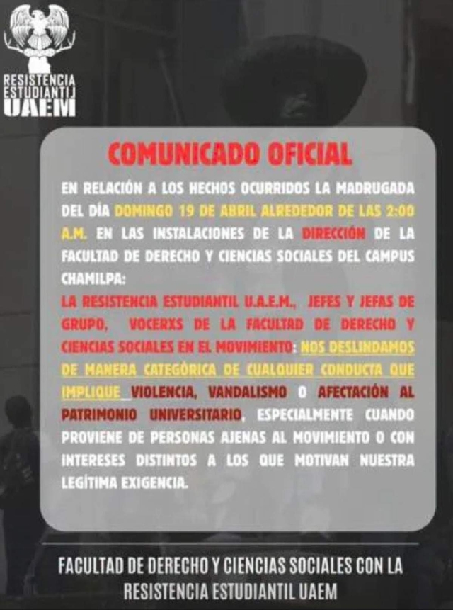 Se deslinda Resistencia UAEM de vandalismo en Facultad de Derecho