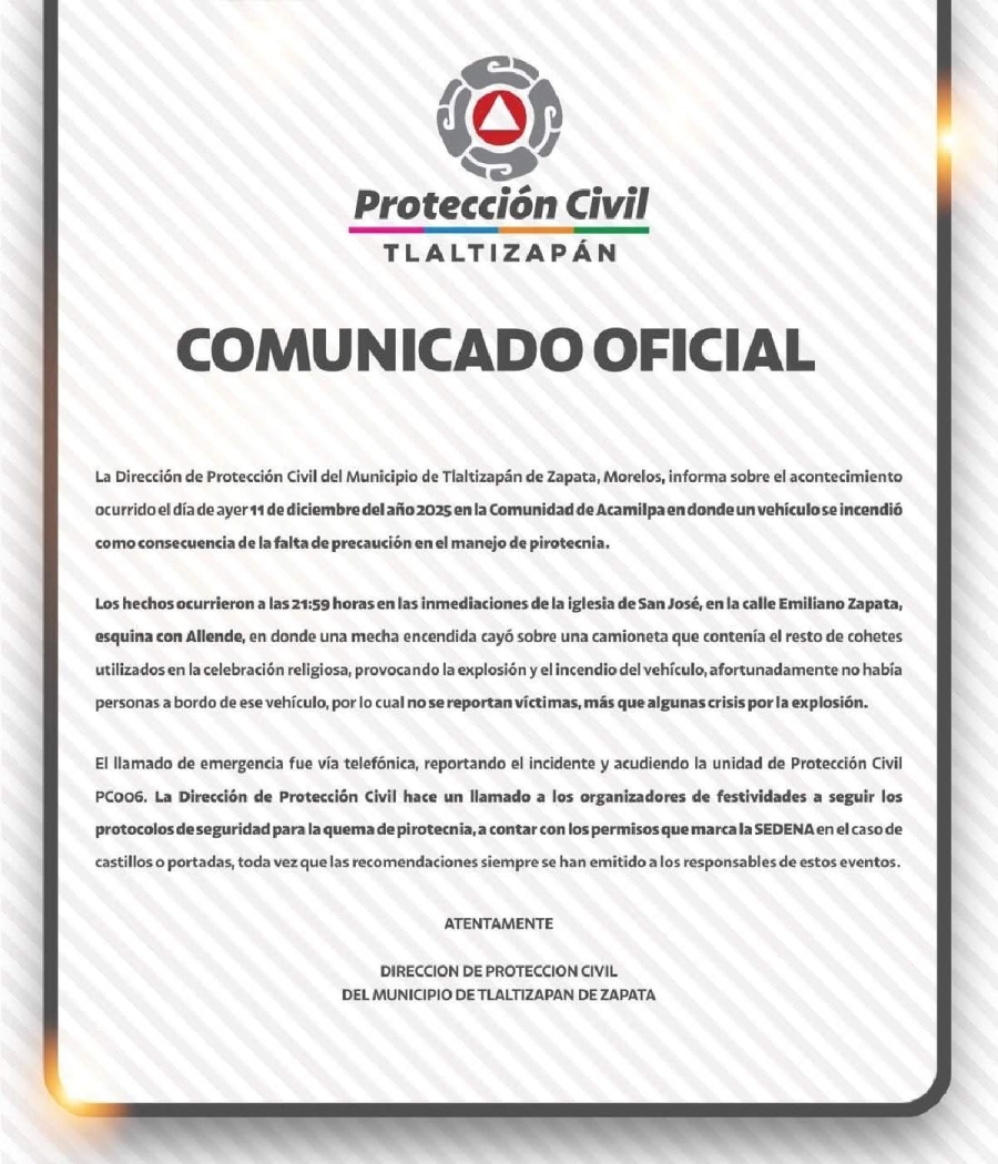 Refuerzan concienciación sobre uso de pirotecnia tras explosión en Acamilpa