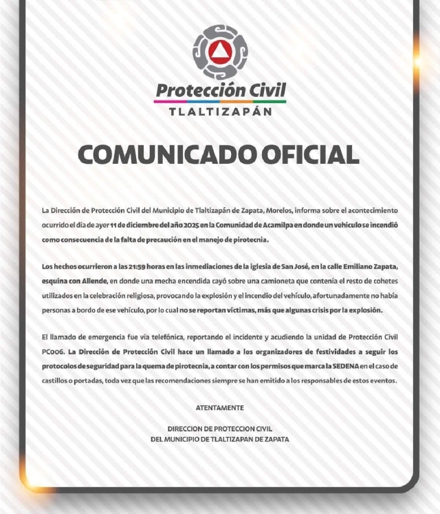 Refuerzan concienciación sobre uso de pirotecnia tras explosión en Acamilpa