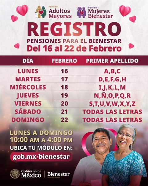 Del 16 al 22 de febrero, registro para pensiones de Bienestar 