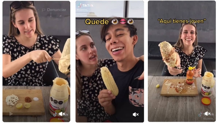 Canadiense muestra cómo se prepara un elote en México.