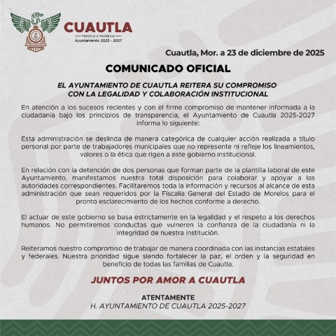 Se deslinda Ayuntamiento de Cuautla de trabajador detenido