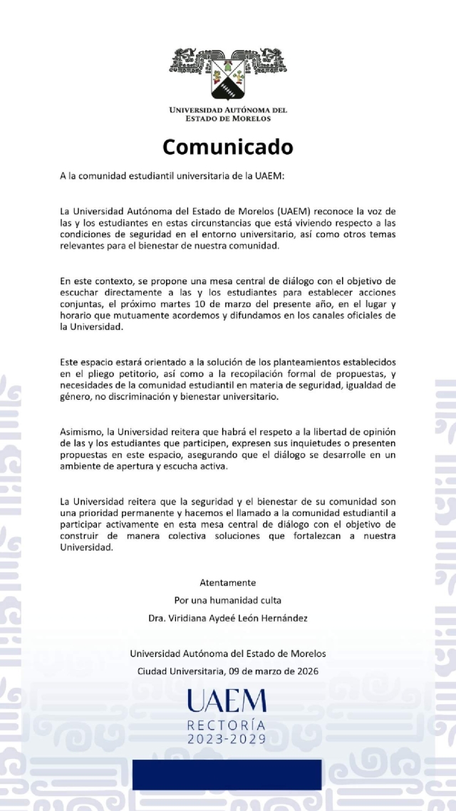 La UAEM invit&oacute; a los estudiantes que tienen tomado el campus Chamilpa a una mesa de di&aacute;logo este martes.