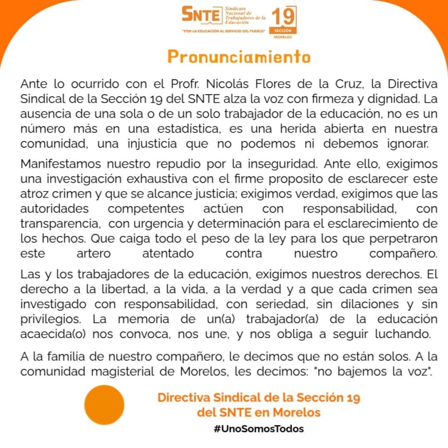 Repudia SNTE en Morelos homicidio de exintegrante de la dirigencia sindical; exige justicia