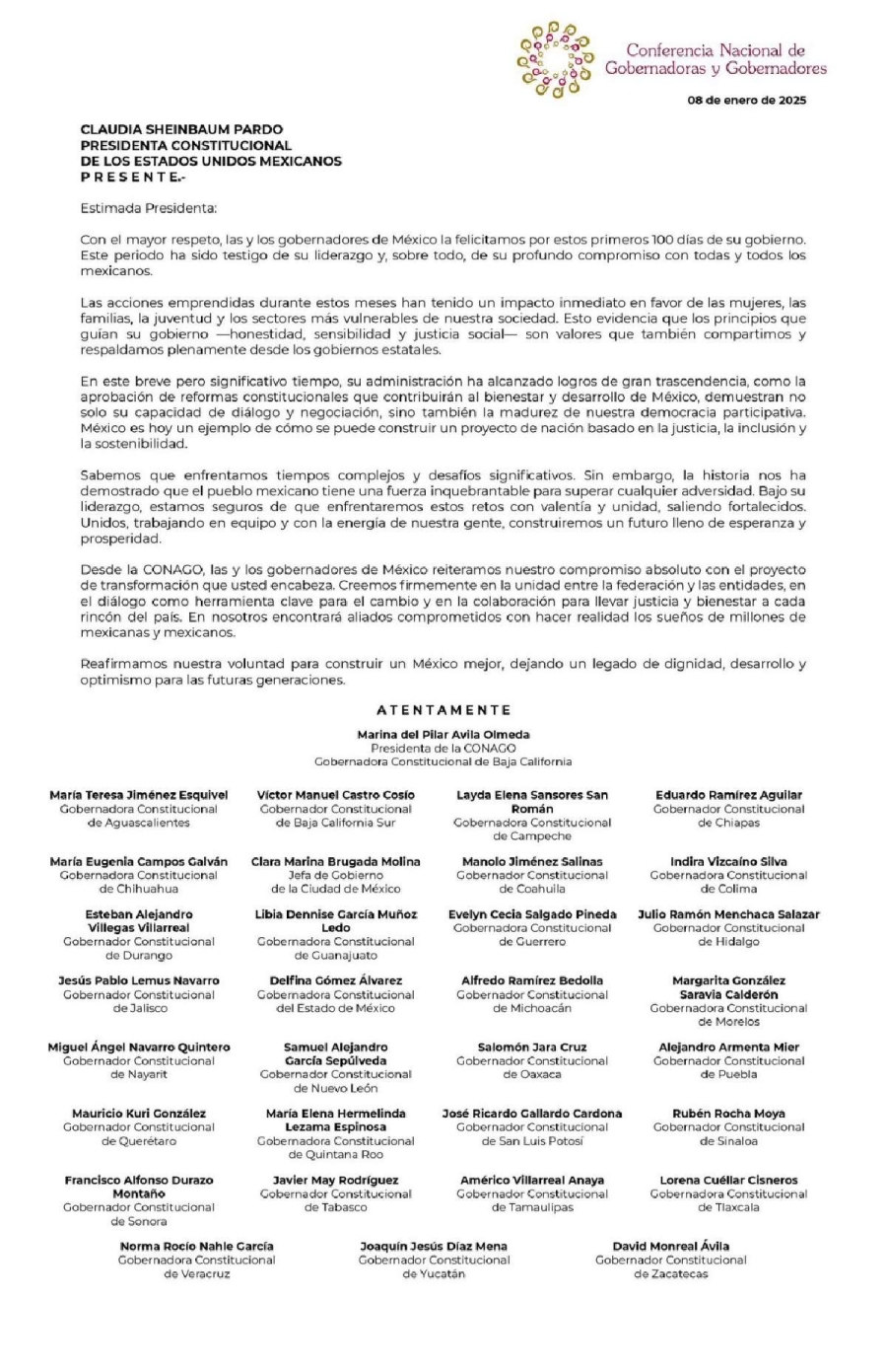 Gobernadora firma desplegado de felicitación a Claudia Sheinbaum