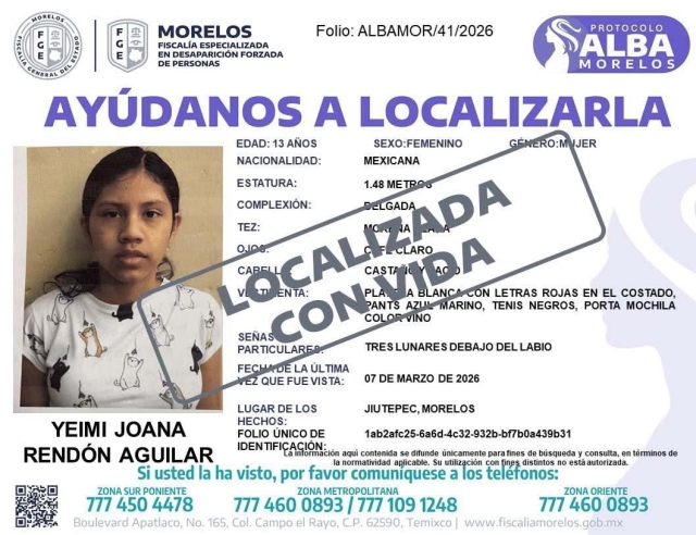 Localizan con bien a menor reportada como desaparecida en Jiutepec