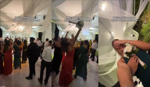Mujer intenta esquivar ramo de novia y termina atrapándolo