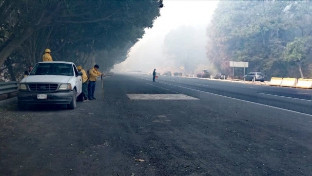 Combaten incendio forestal a un costado de autopista México-Cuernavaca