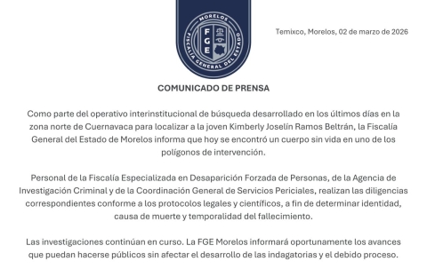 Encuentran cuerpo sin vida en pol&iacute;gono de b&uacute;squeda de Kimberly Ramos Beltr&aacute;n, en zona norte de Cuernavaca