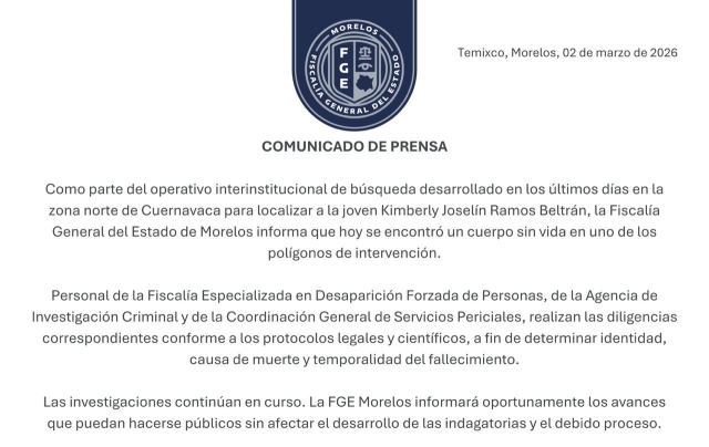 Encuentran cuerpo sin vida en pol&iacute;gono de b&uacute;squeda de Kimberly Ramos Beltr&aacute;n, en zona norte de Cuernavaca
