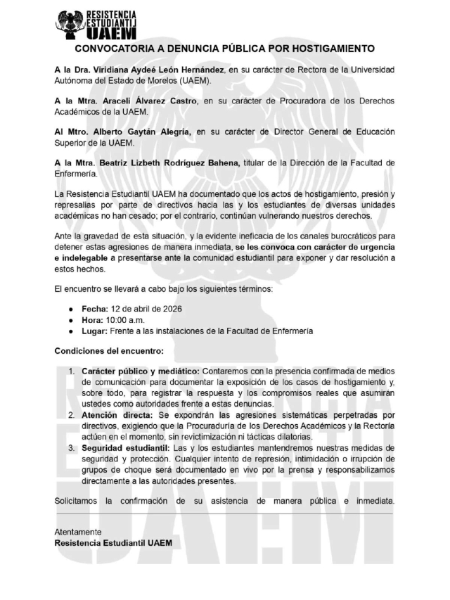 Estudiantes convocan a rector&iacute;a a di&aacute;logo