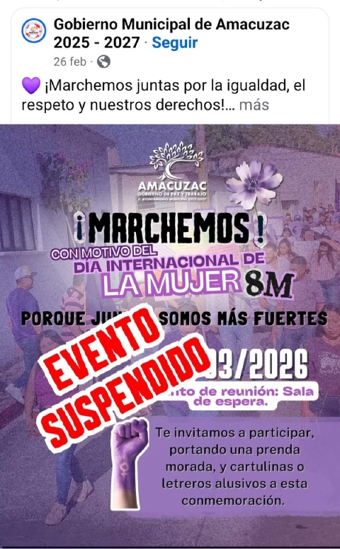 Suspenden marcha por el D&iacute;a Internacional de la Mujer en Amacuzac