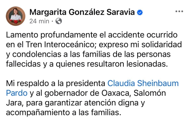 Expresa gobernadora de Morelos solidaridad con familias de personas fallecidas y lesionadas tras accidente del Tren Interoce&aacute;nico