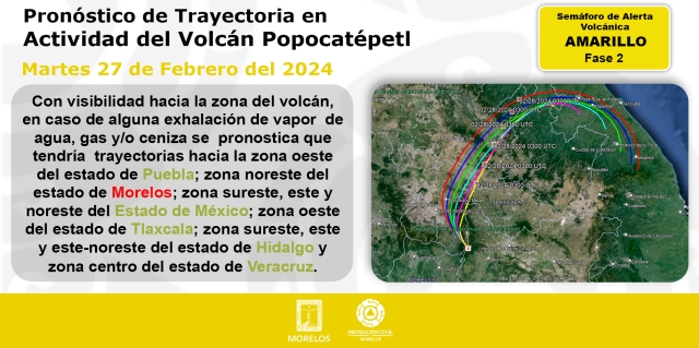 Pronóstico de trayectoria de ceniza volcánica hacia zona noreste de Morelos: CEPCM