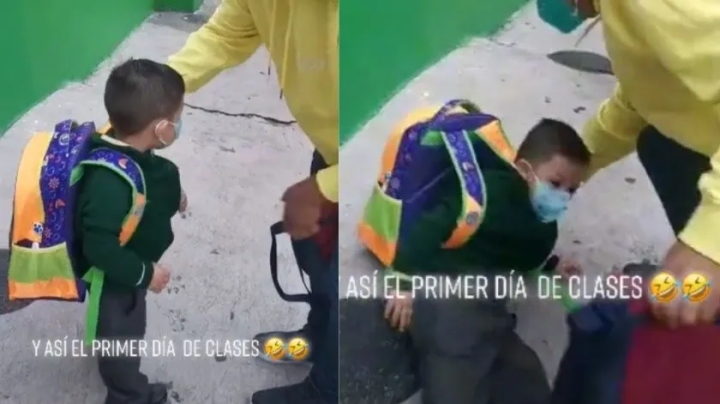 Niño se va de espaldas por el peso de su mochila durante primer día de clases