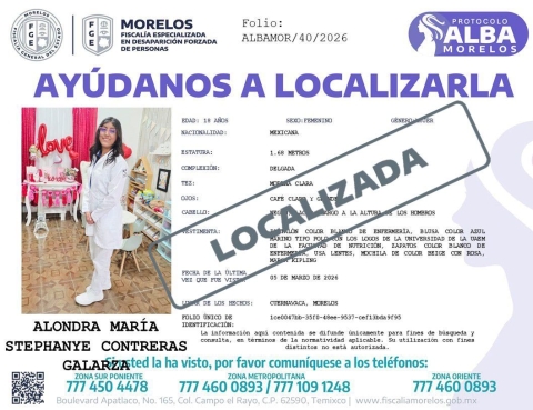 Localizada, Alondra Mar&iacute;a Stephanye Contreras Galarza: FGE
