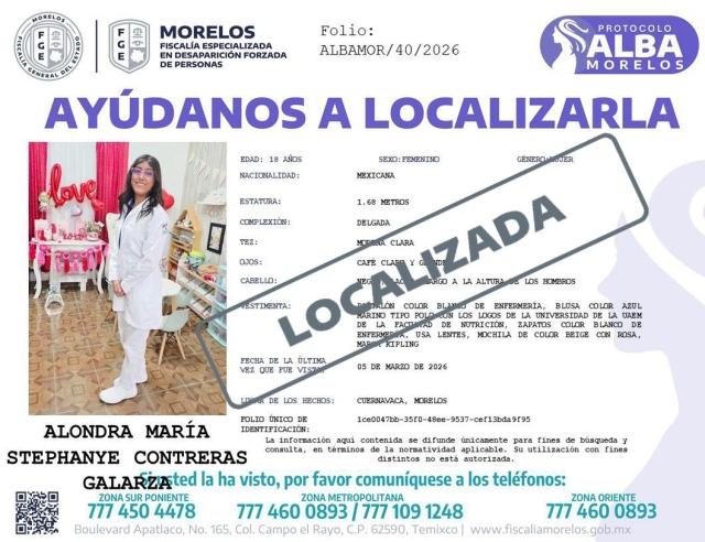 Localizada, Alondra Mar&iacute;a Stephanye Contreras Galarza: FGE