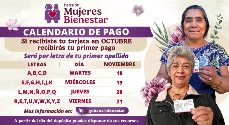 Liberarán pagos de Pensión Mujeres Bienestar, del 18 al 21 de noviembre