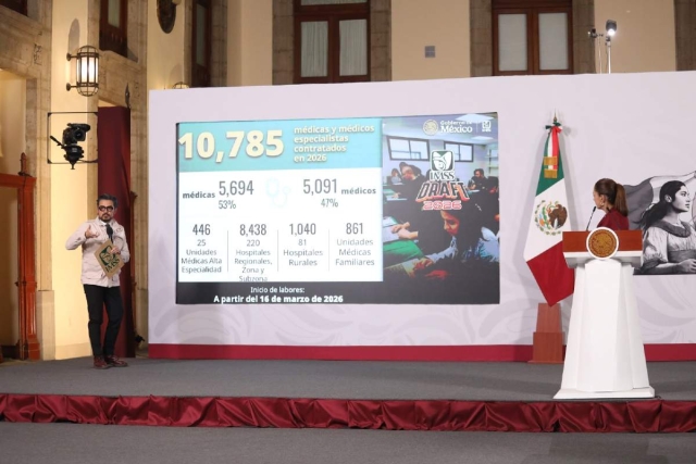 En las 32 entidades del pa&iacute;s se contrat&oacute; en 2026 a m&aacute;s especialistas en relaci&oacute;n con el a&ntilde;o pasado, se&ntilde;al&oacute; el director del IMSS en la conferencia de este martes. 