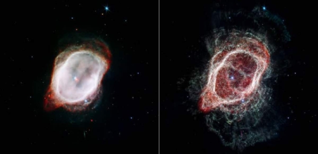 El Telescopio Espacial James Webb de la NASA ofrece vistas dramáticamente diferentes de la Nebulosa del Anillo Sur. Cada imagen combina luz infrarroja cercana y media de tres filtros. A la izquierda, la imagen de Webb de la Nebulosa del Anillo Sur resalta el gas muy caliente que rodea a las dos estrellas centrales. A la derecha, la imagen de Webb traza los flujos moleculares dispersos de la estrella que han llegado más lejos en el cosmos. 