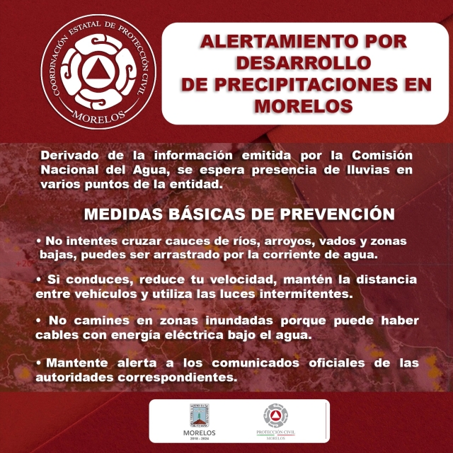 Activa CEPCM alertamiento ante pronóstico de lluvias fuertes en Morelos