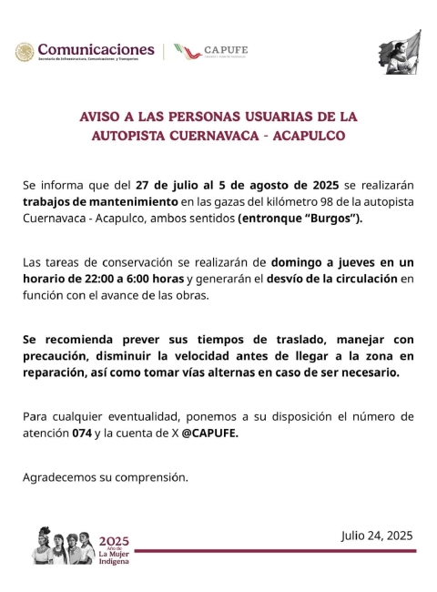 Hoy inician obras en la autopista Cuernavaca–Acapulco