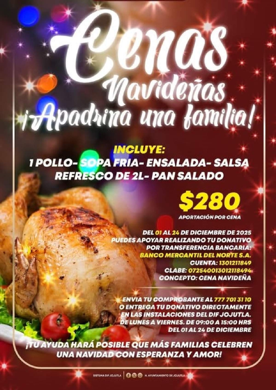   Nuevamente el DIF de Jojutla convocó a la sociedad a participar en el programa de cenas navideñas para población vulnerable de esa localidad.