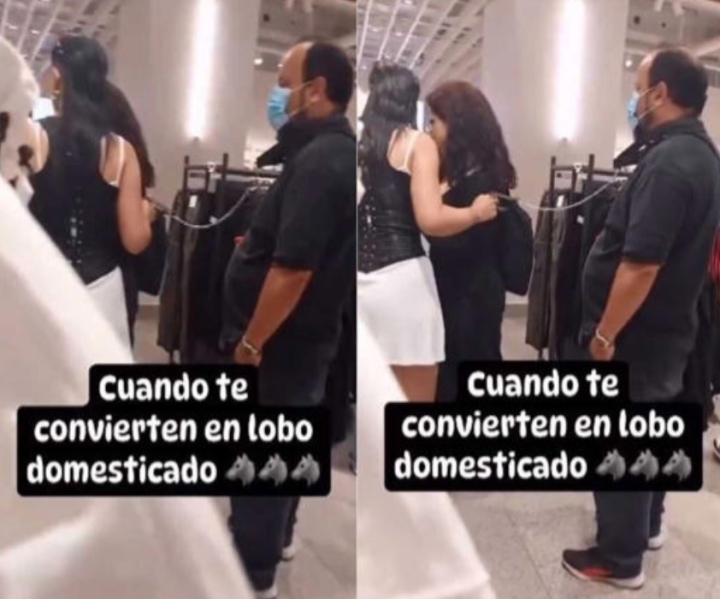 Lobo domesticado: Hombre es jalado con correa en centro comercial