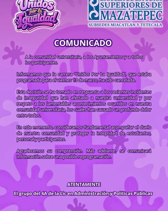 Cancelan carrera &ldquo;Unidos por la Igualdad&rdquo; en la EES Mazatepec